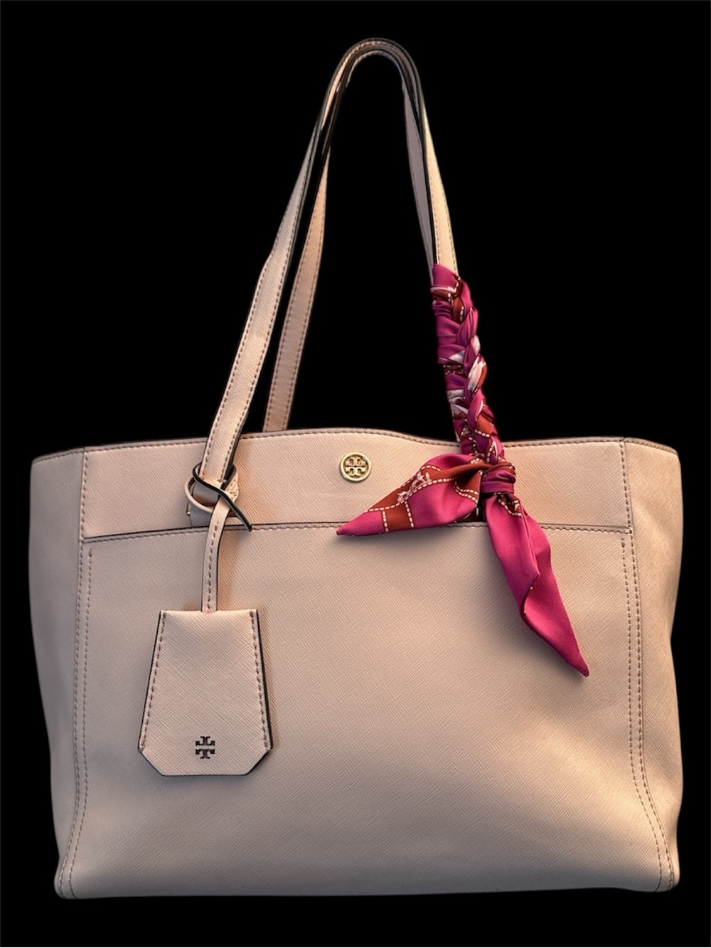 Tory Burch Blush Pink Leather Tote with Pink Scarf Accent
